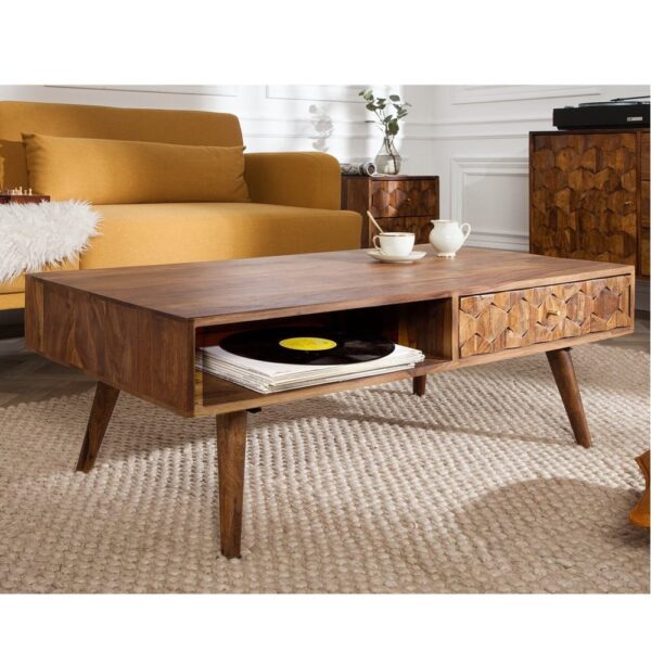 Hexagonal Brick Design Sheesham Wood Coffee Table (Honey Finish) - Image 2