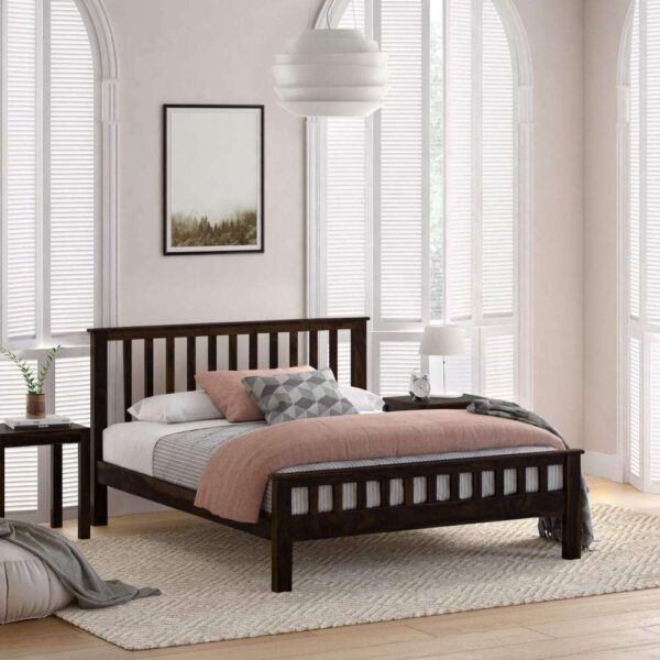 Sheesham Wood Queen Size Strip Design Non Storage Bed in Walnut Finish